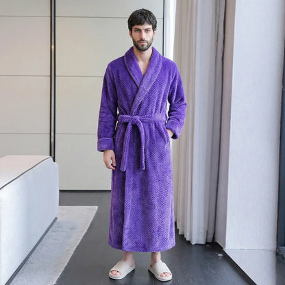 Peignoir Homme Long en Polaire Texturée - Ultra Chaud & Col Châle - Robe de Chambre Hiver