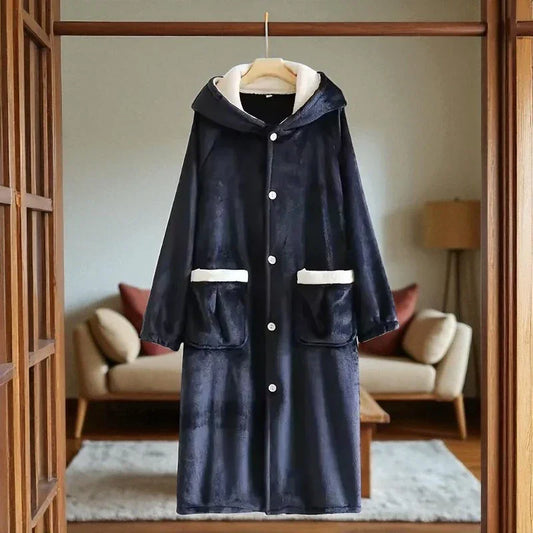 Robe de Chambre Polaire Femme Boutonné à Capuche