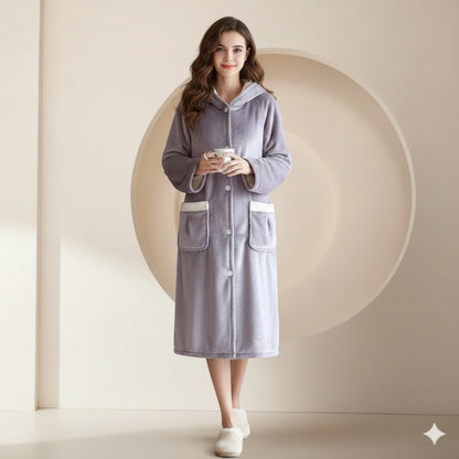 Robe de Chambre Polaire Femme Boutonné à Capuche